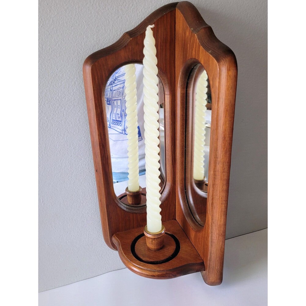 Vintage Wood Double Mirror Candle Holder Corner Wall Sconce